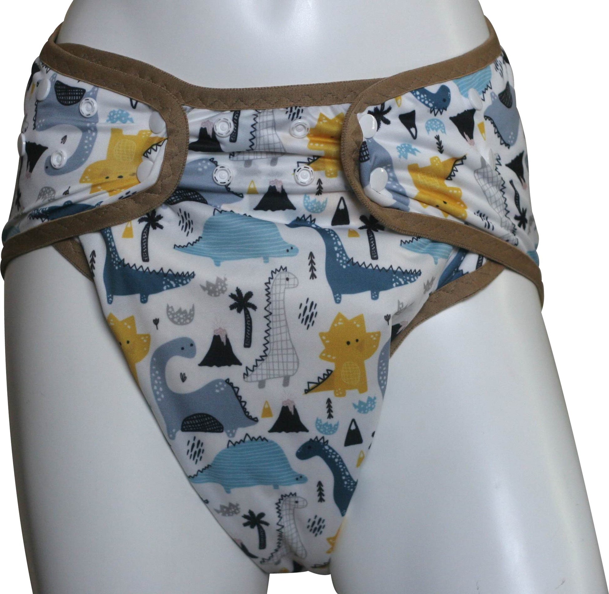 All in one style diaper with fold over elastic and snaps.